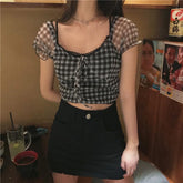 Square Collar Chiffon Plaid Crop Tops